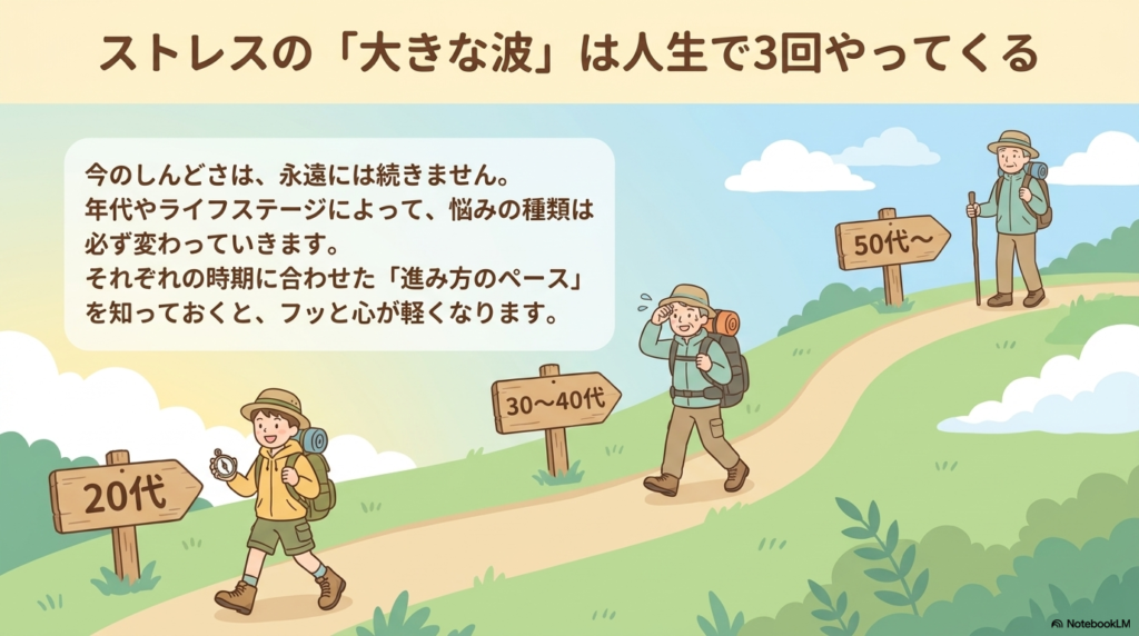 ストレスの「大きな波」は人生で3回やってくる図解イラスト