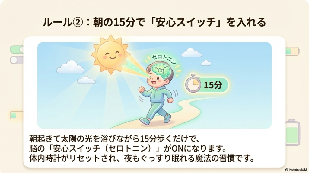 太陽光を浴びて散歩している図