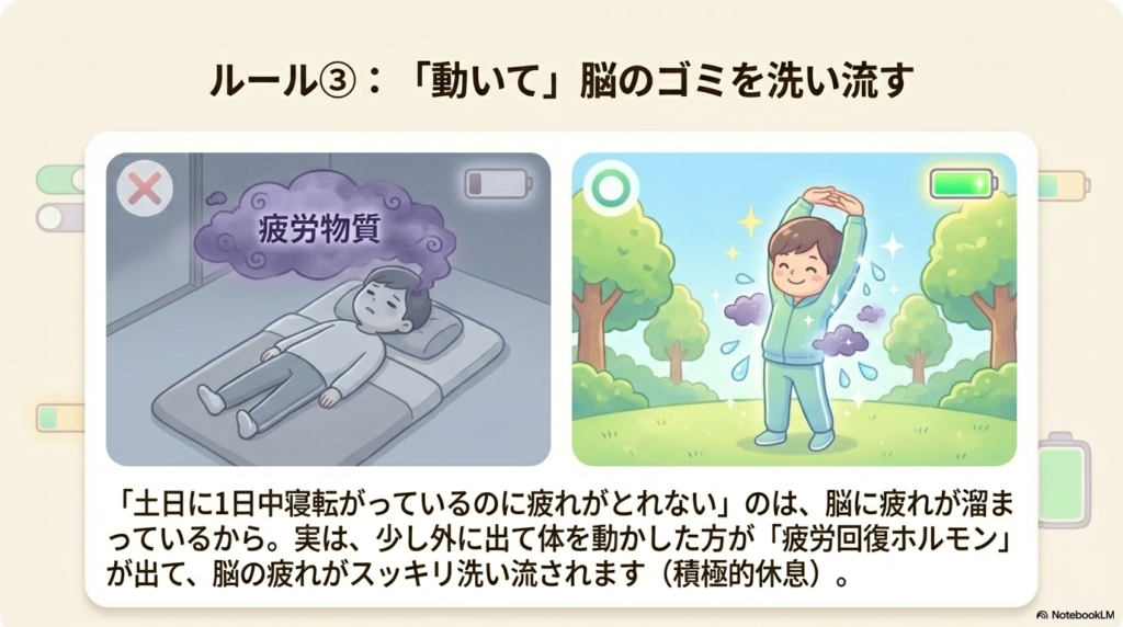 疲労物質を蓄積したまま横になっている人と、運動をして疲労物質を外に出している人の図