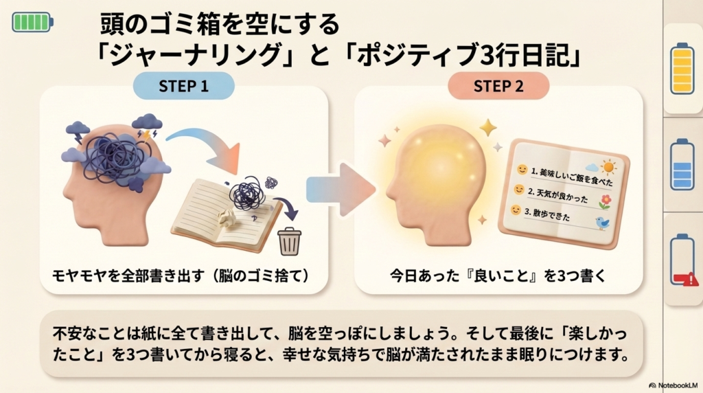 ジャーナリングとポジティブ3行日記の意図を示した図。
ジャーナリングでは頭の中のモヤモヤが紙に排出されてゴミ箱に移動している。
ポジティブ3行日記では頭の中が輝いている
