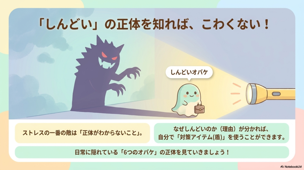 懐中電灯に照らされた『しんどいオバケ』から大きくておぞましい影が浮かび上がっているイラスト