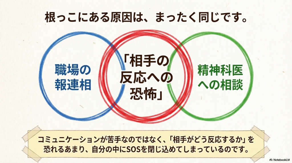 SOSを閉じ込めてしまっている要因の図解:
職場の報連相と精神科医への相談において、いずれも「相手の反応への恐怖」が根っこにある
