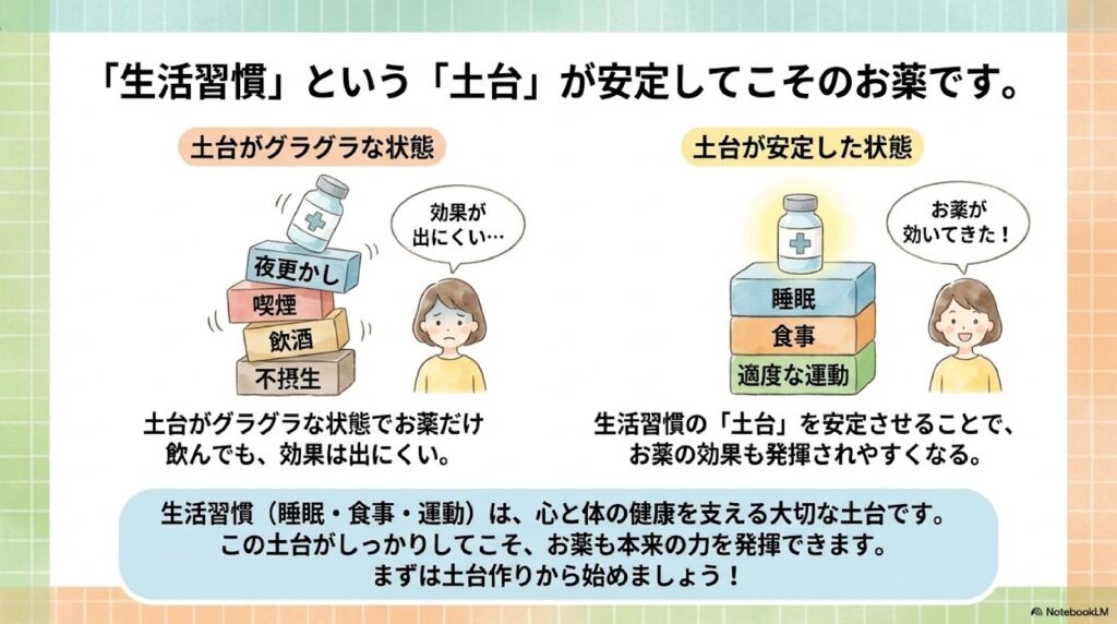 生活習慣の土台がぐらついている状態と生活習慣の土台が安定している状態の対比イラスト
