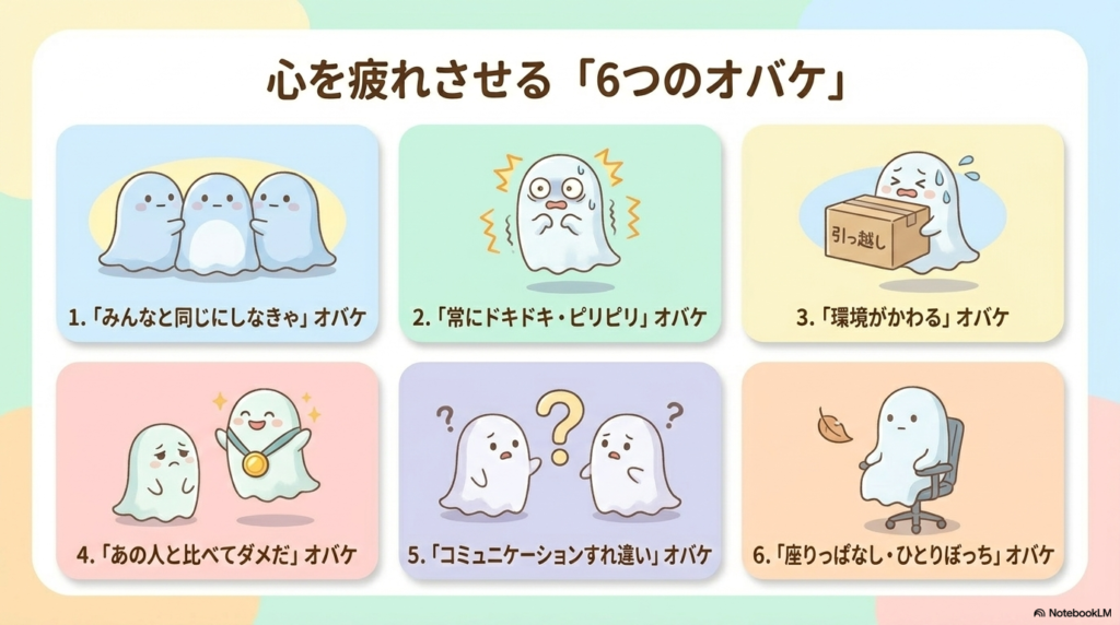 心を疲れさせる「6つのオバケ」のイラスト