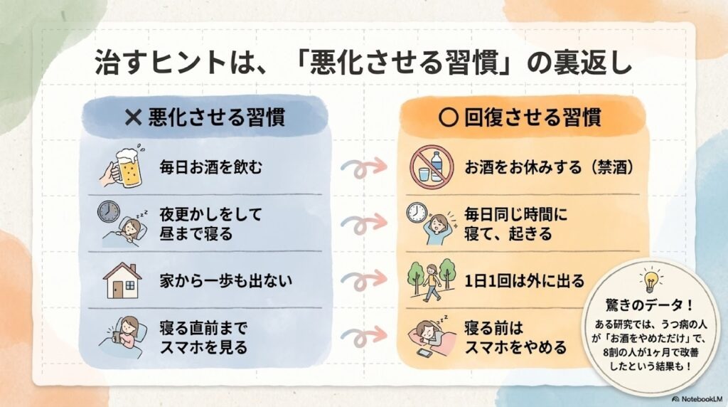 「悪化させる習慣」の裏返しの図
毎日お酒を飲む→お酒をお休みする
夜ふかしをして昼まで寝る→毎日同じ時間に寝て、起きる
家から一歩も出ない→1日1回は外に出る
寝る直前までスマホを見る→寝る前はスマホをやめる