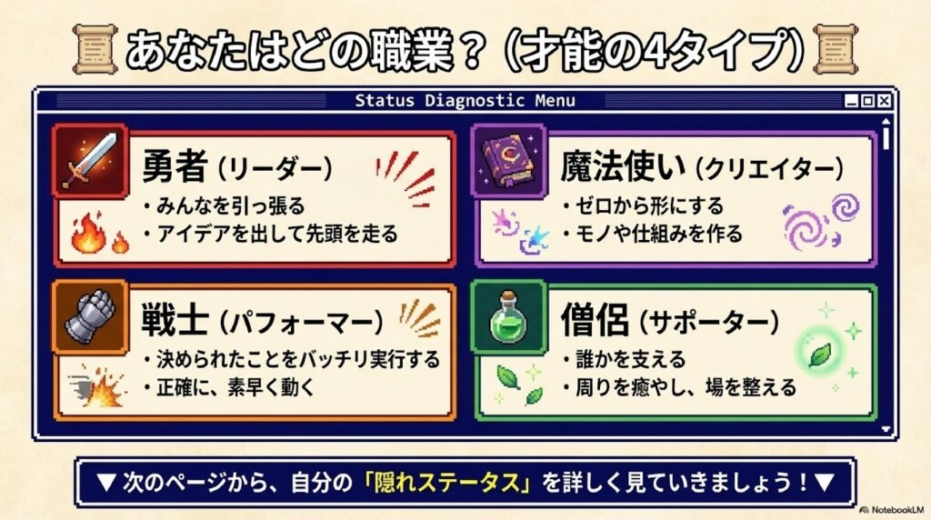 4つの『職業』概要
* 勇者(リーダー)
* 魔法使い(クリエイター)
* 戦士(パフォーマー)
* 僧侶(サポーター)