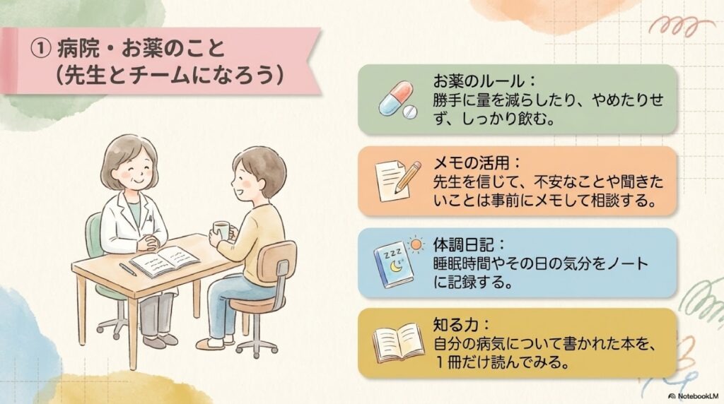 病院・お薬のこと(先生とチームになろう)
お薬のルール:勝手に量を減らしたり、やめたりせず、しっかり飲む。
メモの活用:先生を信じて、不安なことや聞きたいことは事前にメモして相談する。
体調日記:睡眠時間やその日の気分をノートに記録する。
知る力:自分の病気について書かれた本を、1冊だけ読んでみる。