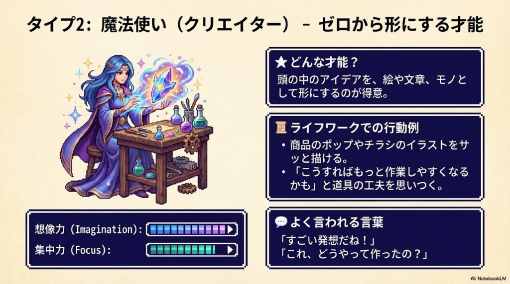 タイプ2:魔法使い(クリエイター)
どんな才能?:
頭の中のアイデアを、絵や文字、モノとして形にするのが得意。
ライフワークでの行動例:
* 商品のポップやチラシのイラストをササッと描ける。
* 「こうすればもっと作業しやすくなるかも」と道具の工夫を思いつく。
よく言われる言葉:
「すごい発想だね!」
「これ、どうやって作ったの?」