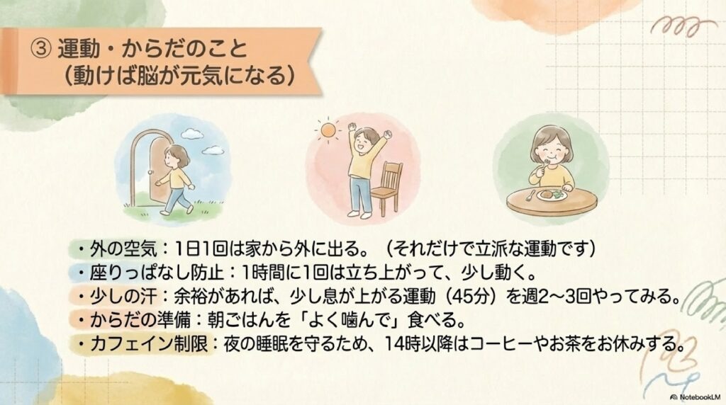 運動・からだのこと(動けば脳が元気になる)
外の空気:1日1回は家から外に出る。(それだけで立派な運動です)
座りっぱなし防止:1時間に1回は立ち上がって、少し動く。
少しの汗:余裕があれば、少し息が上がる運動(45分)を週2~3回やってみる。
からだの準備:朝ごはんを「よく噛んで」食べる。
カフェイン制限:夜の睡眠を守るため、14時以降はコーヒーやお茶をお休みする。